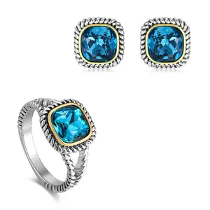 Aprilery Twisted Cable Wire Rings Bracelet & Earring – Vintage Blue Zirconia Statement Ring Bracelet & Earring Set for Women