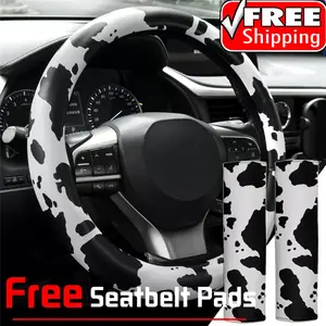 Universal Cow Print Steering Wheel Cover & Seat Belt Pads – Fun & Fuzzy Car Interior Accessory