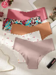 5-piece women's seamless scallop slim briefs with one-piece comfort, breathable, stretchy butterfly cherry and solid color paired with women's briefs Minimalist Soft Panties