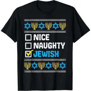 100% Cotton Nice Naughty Jewish Ugly Hanukkah Sweater Style T-Shirt, Chanukah Jew Gift Short Sleeve