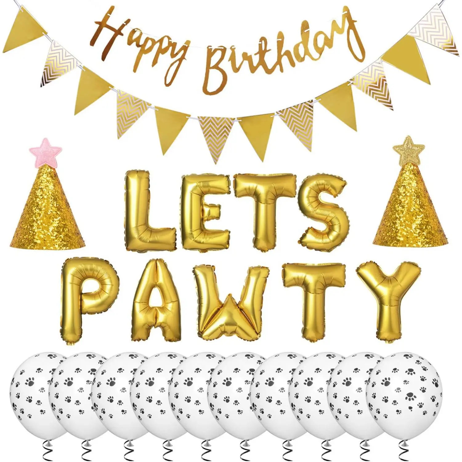 Decor Gifts 23 Pcs Dog Birthday Party Supplies Dog Paw Print Balloons Cat Birthday Hat Happy Birthday Banner Foil Balloons Lets Pawty Letters Balloons Decorations (Golden) Gift Set Aluminium Burst Cloth Gifts