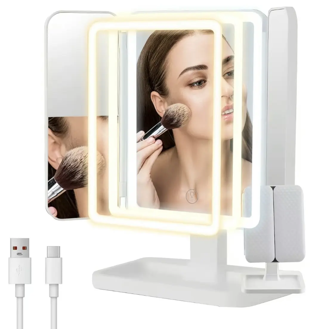 Lighted Makeup Vanity Mirror, Height Adjustable Trifold Mirror with Seamless Light Strip, 1X/3X/5X/10X Magnification, 2000mAh Rechargeable Desk Mirror, Dimmable 3 Color Lighting, Gifts for Mom Women