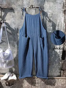 Plus Size Adjustable Tie Waist Overall Jumpsuit, Aesthetic Womenswear Comfortable Breathable Loose Fit Wide Leg Rolled Hem, Casual Daily Wear with Front Pockets