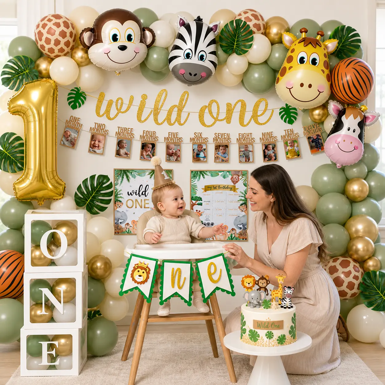 Wild 1 Jungle-Safari 1st Birthday Decorations Kit for 1-12 Month Child - Happy Birthday High Chair Banner, Animal Print Balloons Garland, Arch, Box (Festive Party Supplies for Boy or Girl)