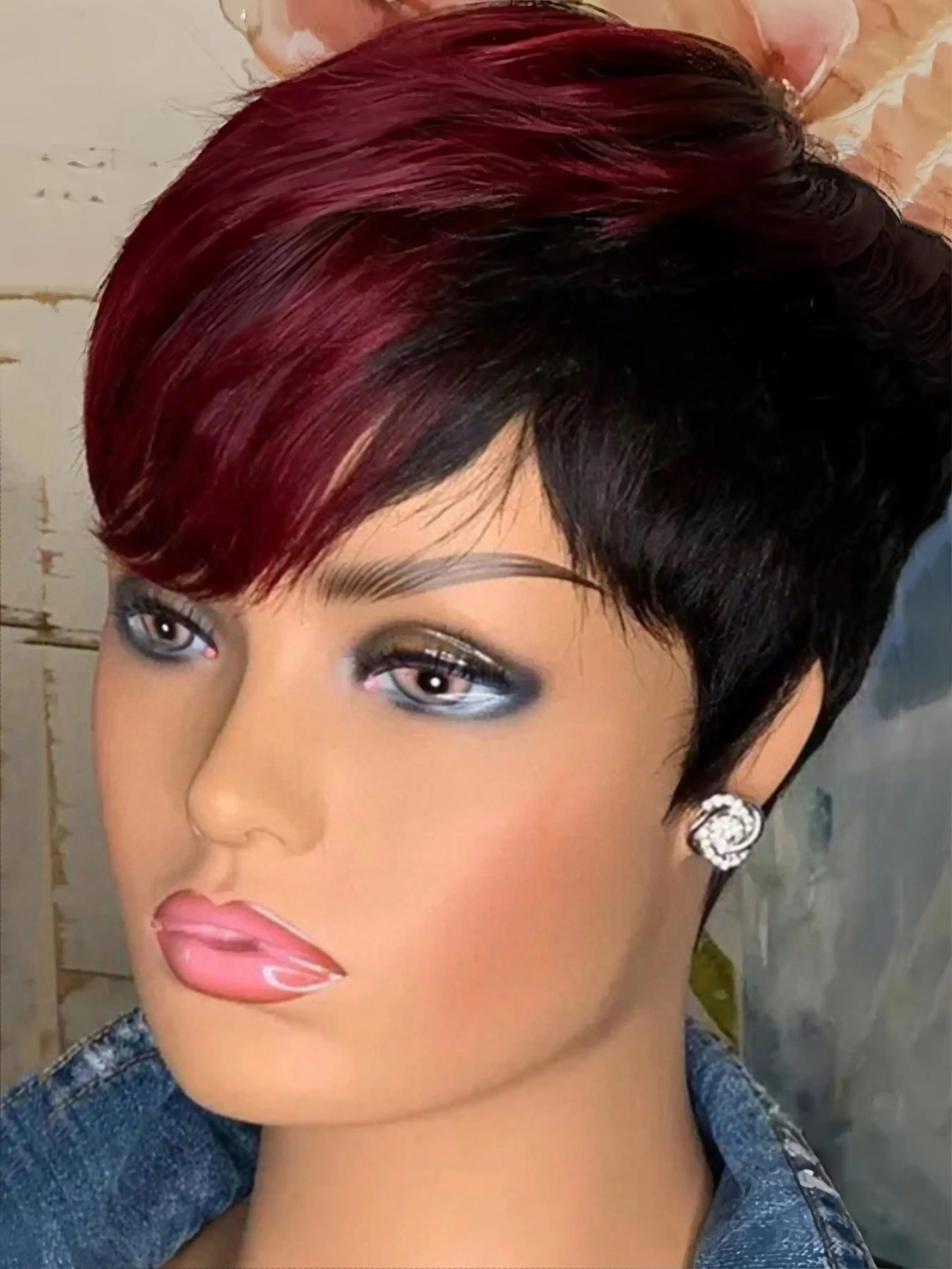 6-Inch Black & Red Two-Tone Short Pixie Wavy Wigs for Women, Fluffy Stylish Full Bang Synthetic Hair Wig Machine Made Full Wig for Daily Wear & Party With Bangs Wig