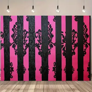 1PC,2D Flat Photography Backdrop Pink Black Striped Damask Pattern Background Cloth for Festival Event Decoration Party Gathering Scene Setting Prop Photo Studio Live Streaming Backdrop