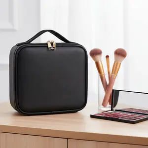 Nylon Portable Cosmetic Train Case Organizer - With Adjustable Dividers, PU Leather Accents, Handle, Functional for Women’s Jewelry, Digital Accessories