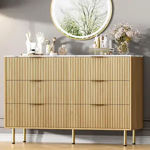 Burlywood 6-Drawer Fluted Dresser Chest with Gold Handles, Natural Wood Material, Modern Indoor Furniture for Bedroom, Closet, 6-Drawer Capacity Storage Organizer, Six-Drawer Capacity