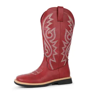 Hawkwell Women's Cowboy Cowgirl Boots Square Toe Side Zipper Embroidered Low Heel Dress Cowboots Western Mid Calf Boot