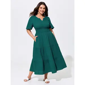 BLOOMCHIC Plus Size Shirred Waist Split Neckline Tiered Maxi Dress [M-6X] 2026 Spotlight,Summer wins,Deals for your days, Smooth, Polyester,Summerfinds