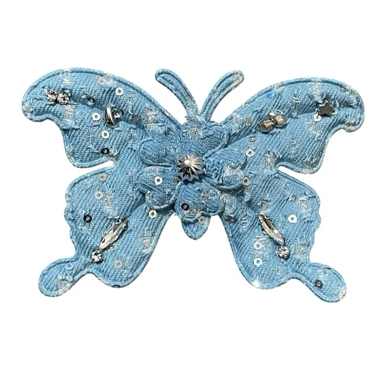 Denim Butterfly Rhinestone Sew-On Patches for Women’s Tops, Embroidery Sweatshirts, Pullover Cloth Decoration (Textile Sewing Embellishment Accessory)