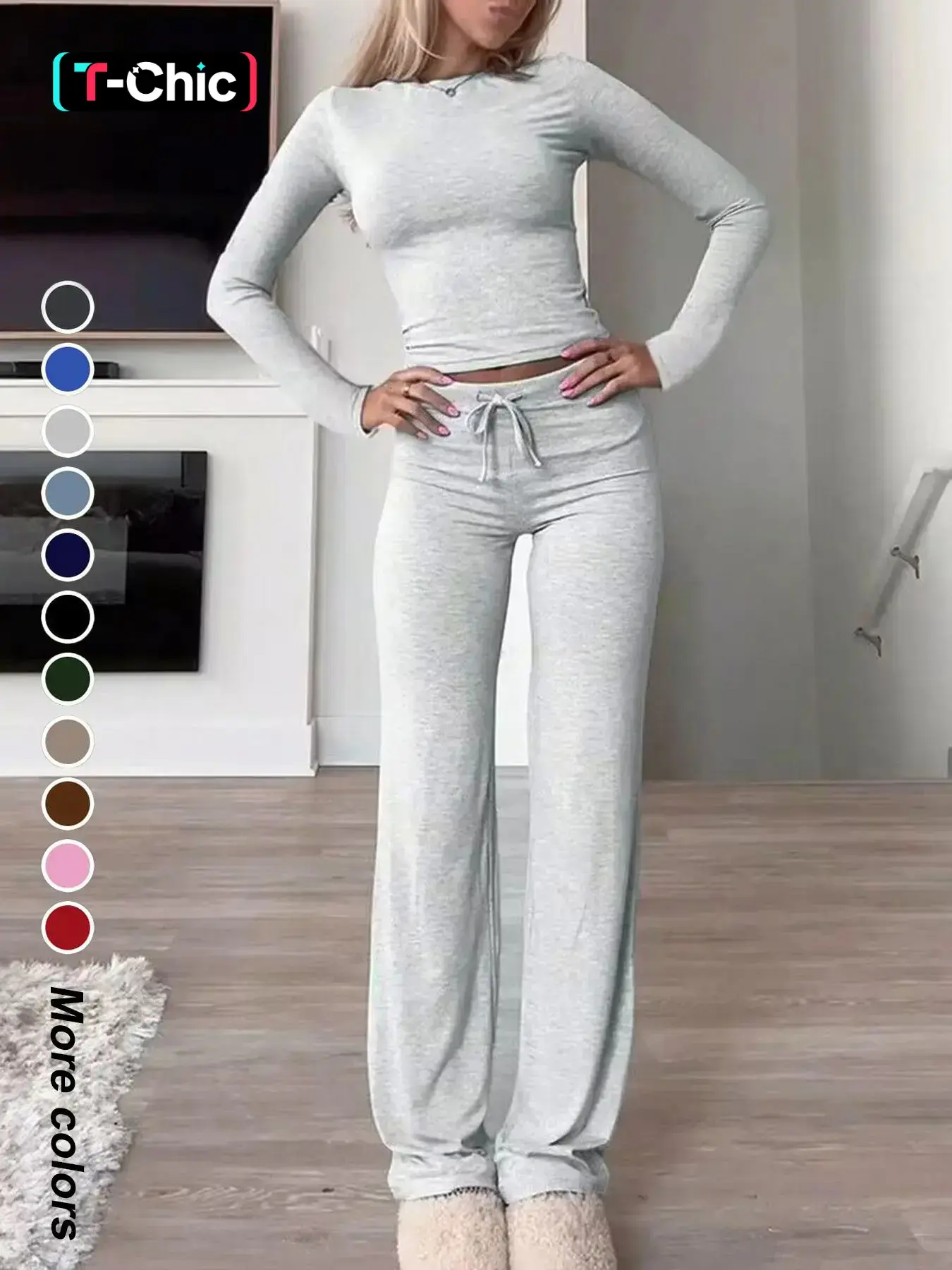 Women's Solid-Color Long-Sleeve Soft Thick Knit Fabric Crop Tee & High-Waisted Drawstring Pants Two-Piece Set, Basic Casual Slim-Fit Everyday Outfit for Fall and Winter, Womenswear