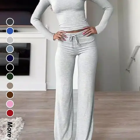 【Black Friday】Women's Solid-Color Long-Sleeve Soft Thick Knit Fabric Crop Tee & High-Waisted Drawstring Pants Two-Piece Set, Basic Casual Slim-Fit Everyday Outfit for Fall & Winter, Womenswear