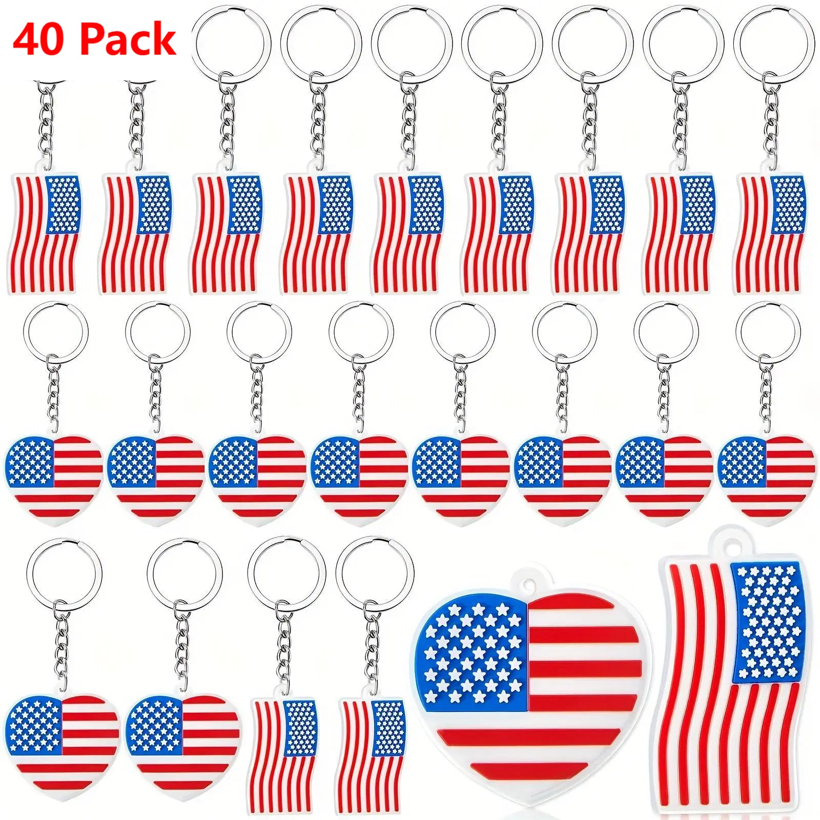 40 Pack American Flag Keychains 4th Of July Party Favors for Adults USA Flag Heart Souvenir Keychain Accessories Patriotic Key Chain Flag American Flag Gifts for Veterans Day Independence, 2 Styles