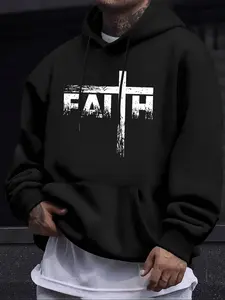 Men's Letter Cross Print Fleece Hoodie, Casual Unisex Fitted Thick Knitted Fabric Pullover, Fall & Winter Fashion, Comfortable Fit