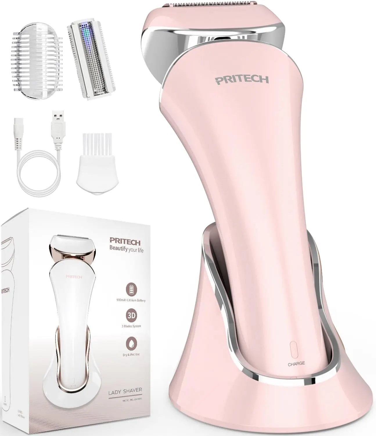 PRITECH Electric Razor for Women - Rechargeable Shaver for Women Portable Lady Shaver for Legs, Arm, Underarms, Bikini, USB Rechargeable, Wet & Dry Waterproof Bikini Trimmer for Woman