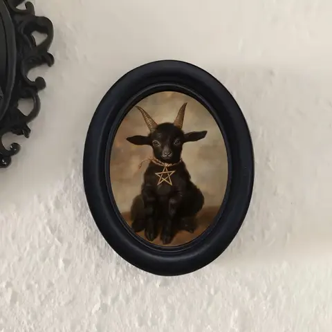 Cute Goat Pentagram Vintage Wall Decor, Gothic Oval Frame Wall Art, Dark Unique Indoor Wall Decoration, Halloween Christmas Thanksgiving, Framed Art