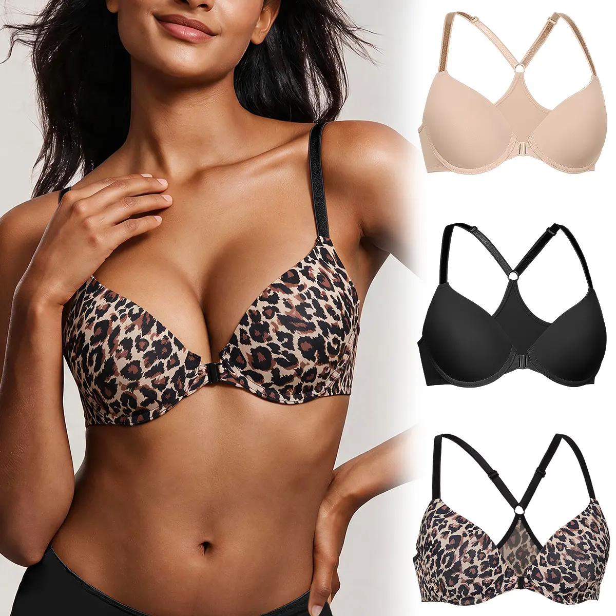 TryWish 3PCS Women's Push Up T-Shirt Bra with Front Closure, No Show Invisible, Basic Comfortable Fit Womenswear Everyday