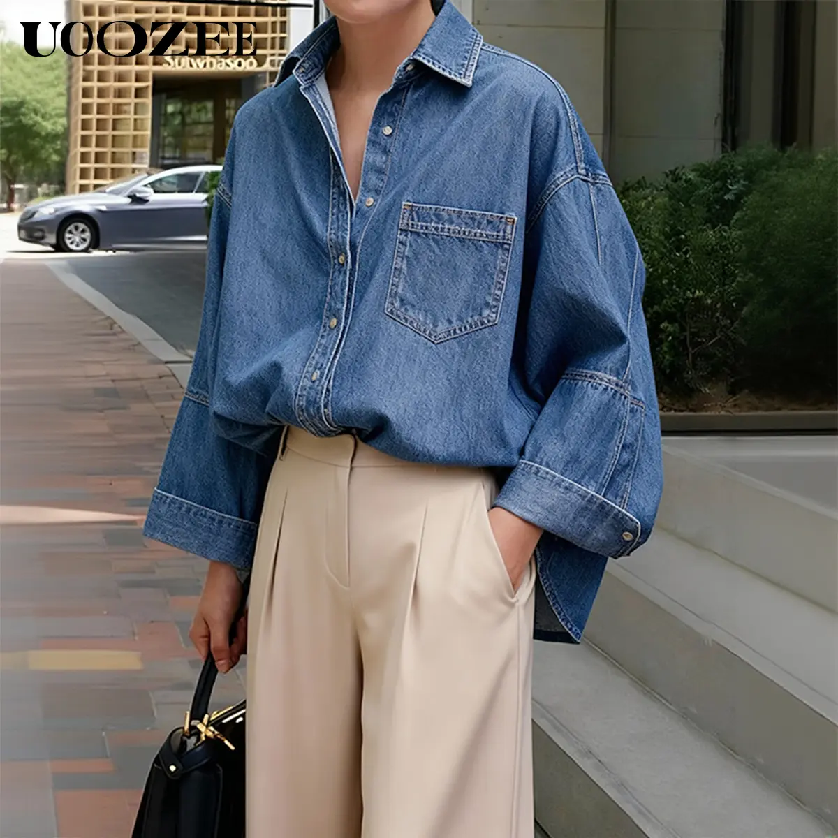 UOOZEE Women's Loose Oversized Denim Blouse - Long Sleeves, Large Collar, Dropped Shoulder, Medium Length, Panel Detail, Button-Front Plain Top for Work Office Business Casual (Loose Version, Size Down 2 Sizes, Non-Elastic Fabric), Bag, Tank Top,summervib