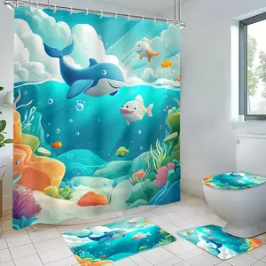 Cartoon Dolphin Ocean Theme Shower Curtain Set, Waterproof Bathroom Accessories, Non-Slip Mat, Toilet Cover, Bath Mats, Plastic Hooks, Bathroom Decoration Accessories