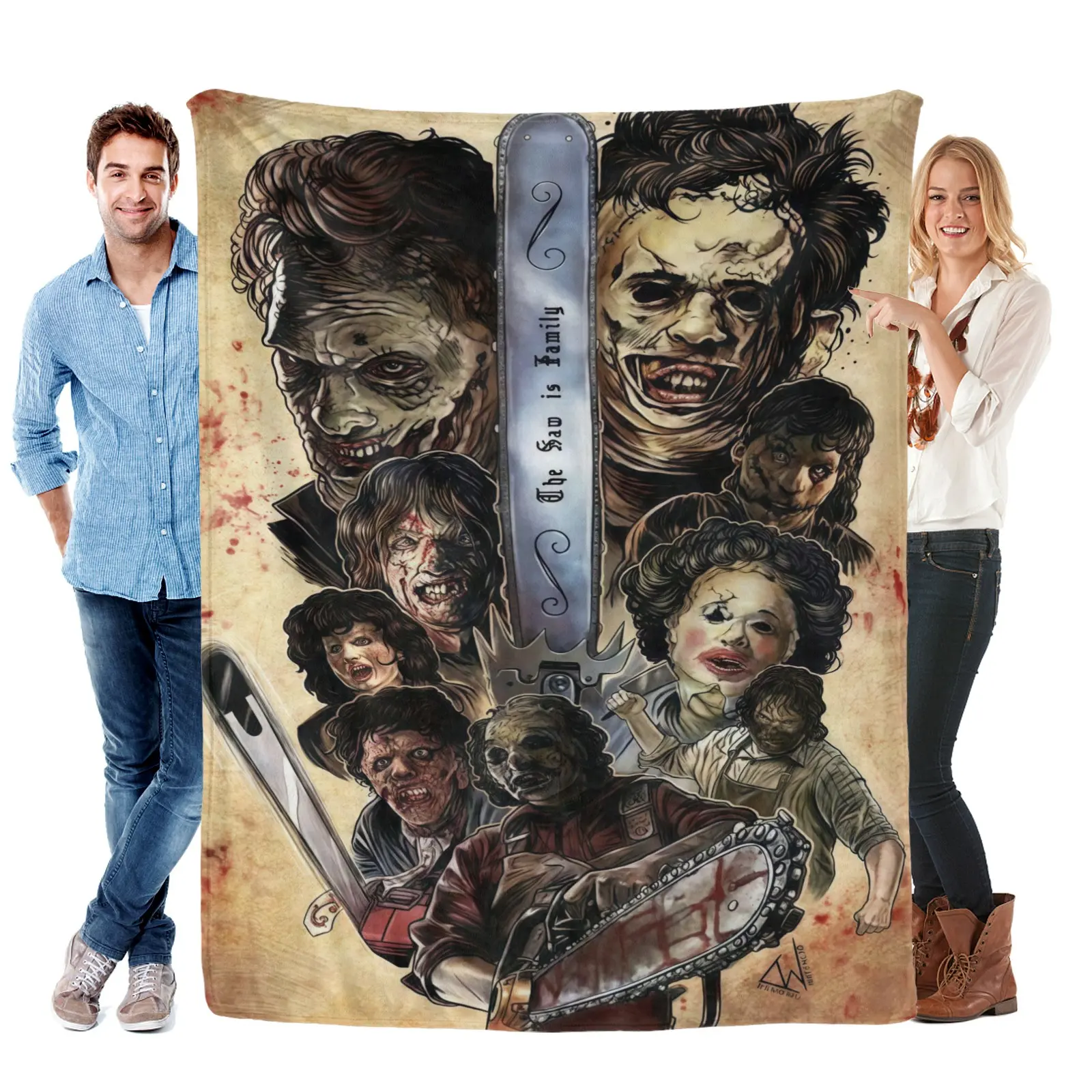 Horror Movie Throw Blanket - Vintage Unique Character Print Chainsaw Terror Design, 280GSM Soft Plush Flannel Heavyweight Adult All-Season Blanket, Machine Washable for Couch & Bed, Halloween Decor Gift for Horror Fans, Heavyweight 280Gsm
