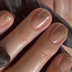 Curvlife short squoval Fake Nails glitter nude glossy shiny 2 Week Wear Damage Free