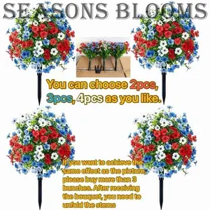 (2-4 sets) Patriotic artificial flowers, Decorative flowers, red + white + blue outdoor artificial flowers, non-fading plastic items, suitable for decorating the porch and courtyard when celebrating Independence Day, anniversary