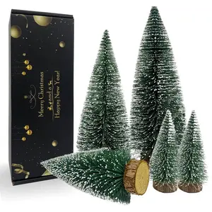 Desktop Miniature Christmas Trees Mini Pine Tree 5pcs with Snow and Wood Base for Xmas Holiday Party Home Tabletop Decor