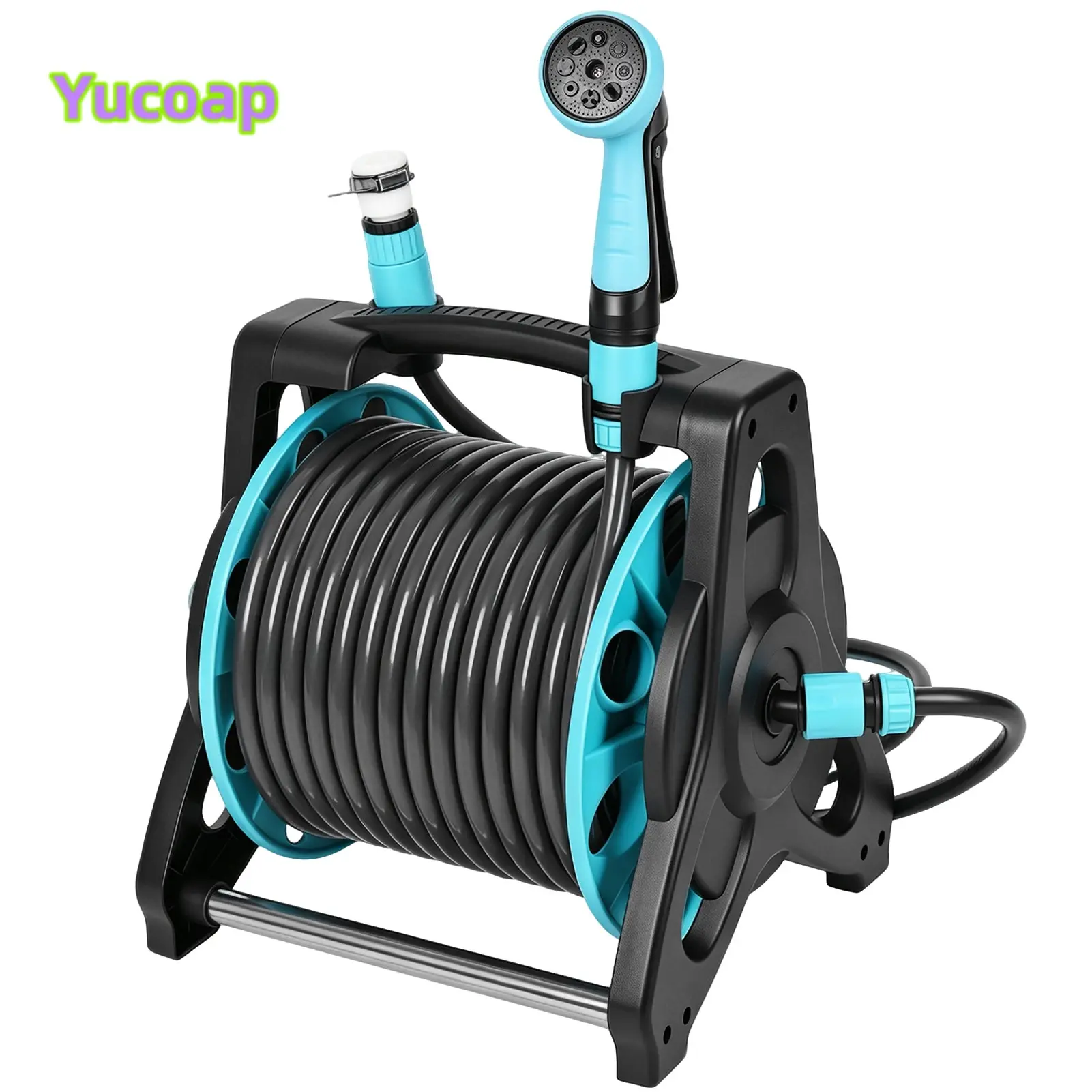 YUCOAP Garden Hose Reel, Wall-Mount or Freestanding Hose Reel with 304 Stainless Steel Hose, Aluminum Spray Nozzle and 360° Swivel
