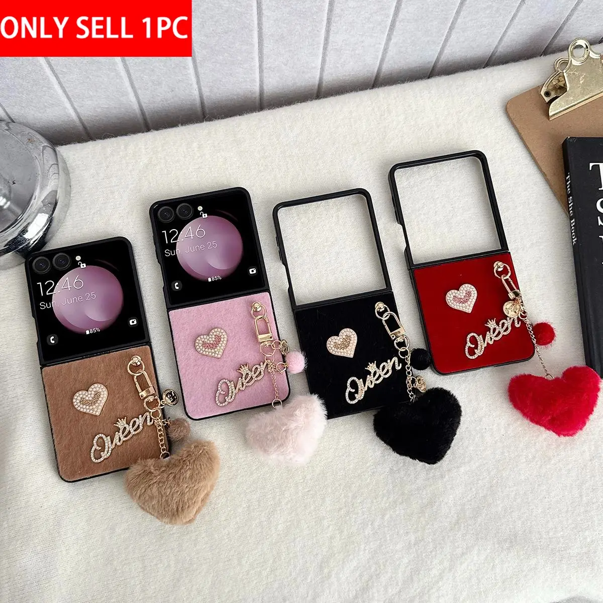 This plush heart-shaped Protective phone case Casing Bling Cover comes with a plush heart-shaped pendant. The hard PC back plate provides shockproof and anti-drop protection. It is suitable for Samsung Galaxy Z Flip 7, 7FE, 6, 5, 5G Smartphone