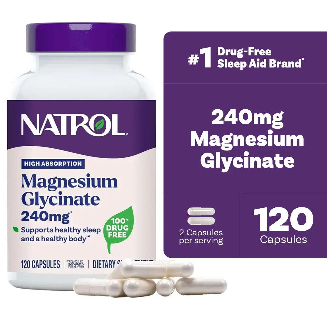 Natrol Magnesium Glycinate 240mg High-Absorption Fast-Acting Drug-Free Dietary Supplement Capsules - Muscle Support, Healthy Sleep, Allergy-Safe, 120 Count (Up to 60-Day Supply)