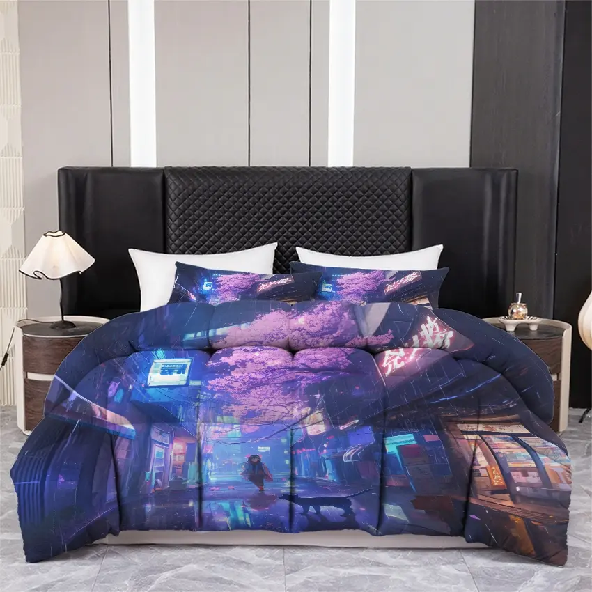 3pcs Printed quilt three-piece set (1 quiltr+2 pillowcases) - Cyberpunk Japanese Anime City Night, Neon Sakura Cherry Blossom Aesthetic, Purple Blue Pink Luminous Glow, Soft Comfortable Microfiber All Season Bedroom Decor Bedding