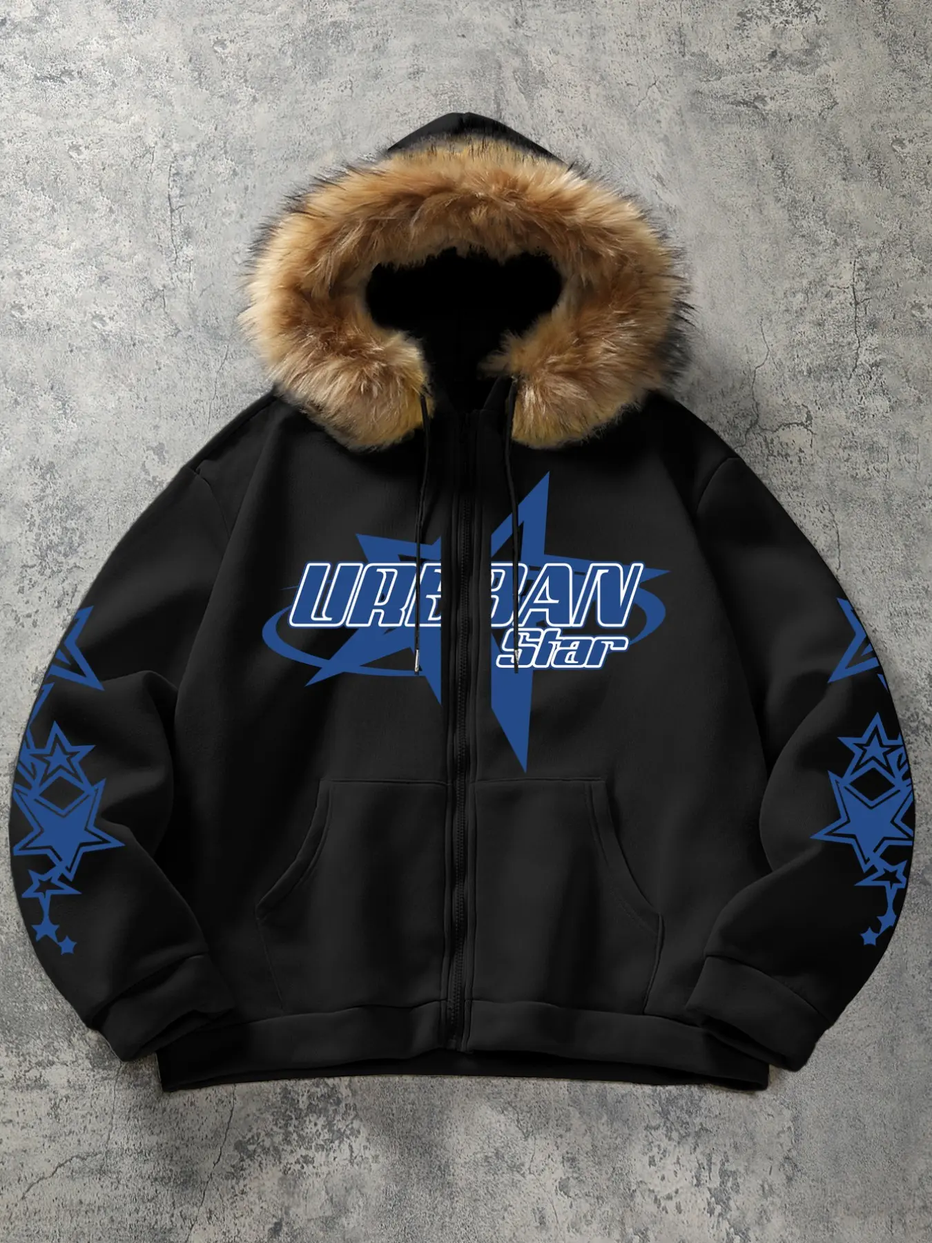 Y2K Cybercore Star Graphic Full Zip Hoodie - Unisex American Streetwear Oversized Fit with Faux Fur Trim Hood, Perfect for Winter Street Style & Daily Outfits.