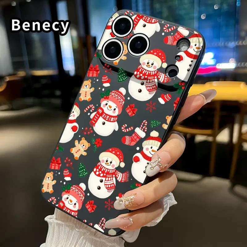 Snowman Christmas Delight Pattern Straight Edge Protective Liquid Silicone Phone Case for iPhone 17,15,16,14 Pro Max,13,12,11,XR,XS Plus,Air E - Handheld Cellphone Devices Accessories with Shockproof,Full Camera Protection,Durable Slim Casing, Matte Finis