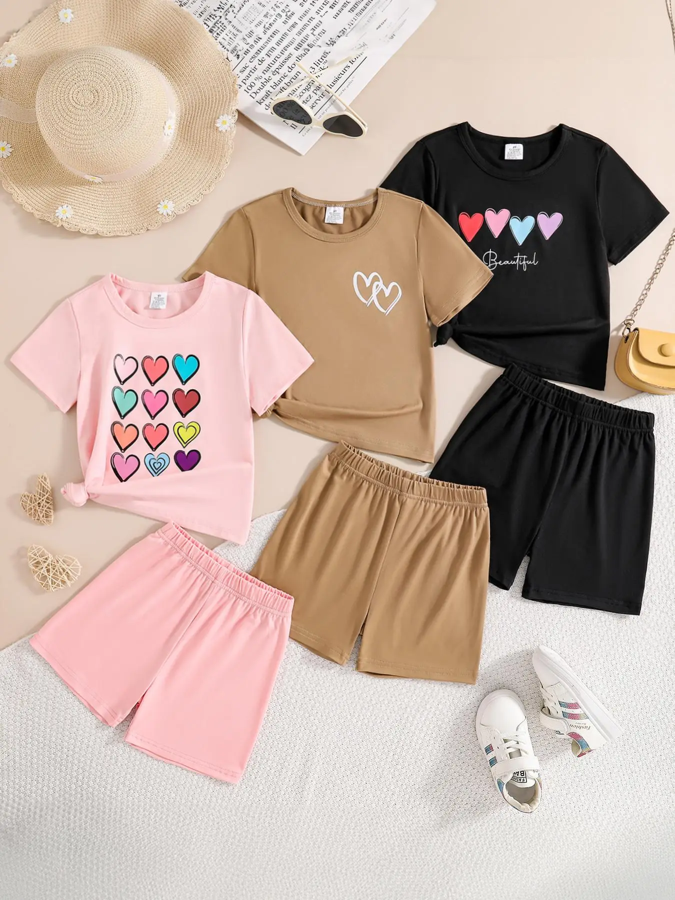 Girl's Heart Print Short Sleeve Tee & Elastic Waist Shorts Set, Casual Round Neck T-shirt & Shorts, Summer Clothes for Kids