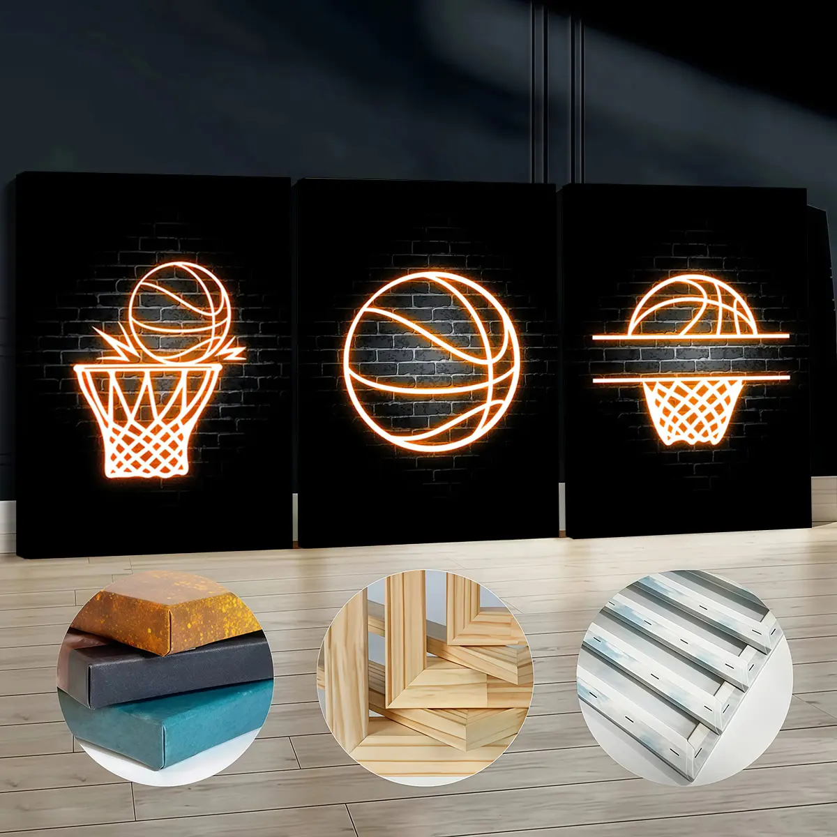 3Pcs Pine Wood Framed Cool Wall Art Set - 30x40cm/30*40cm(11.8*15.7inch) Neon Basketball Hoop & Ball Creative Design Print Canvas Art, Odorless Living Room Pictures Wall Decor for Man Cave Bar (Shipped in Carton)
