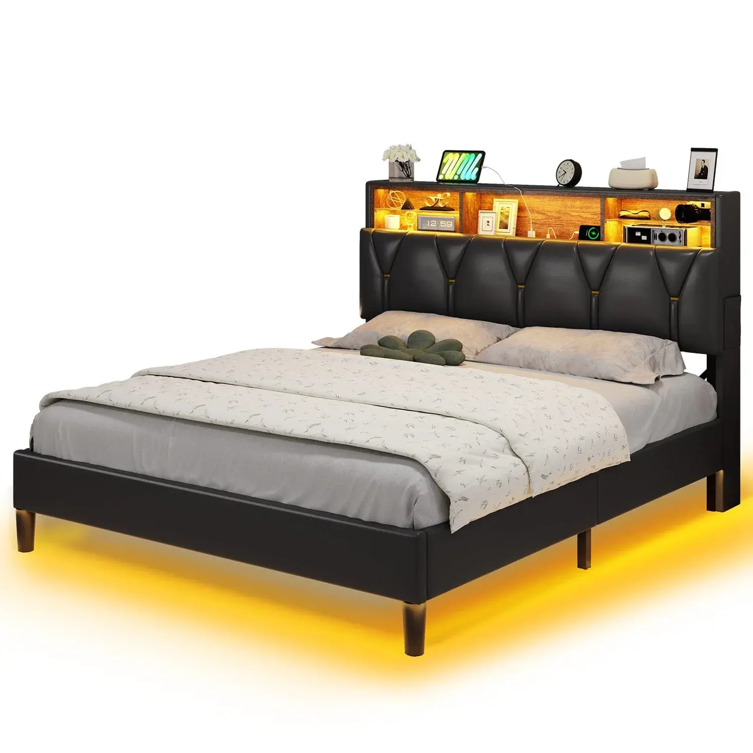 SIKAIC Faux Leather LED Queen Bed Frame with Storage Headboard, Black Indoor Furniture Bed Frame, Bed Frames, Queen Bed Frame With Headboard
