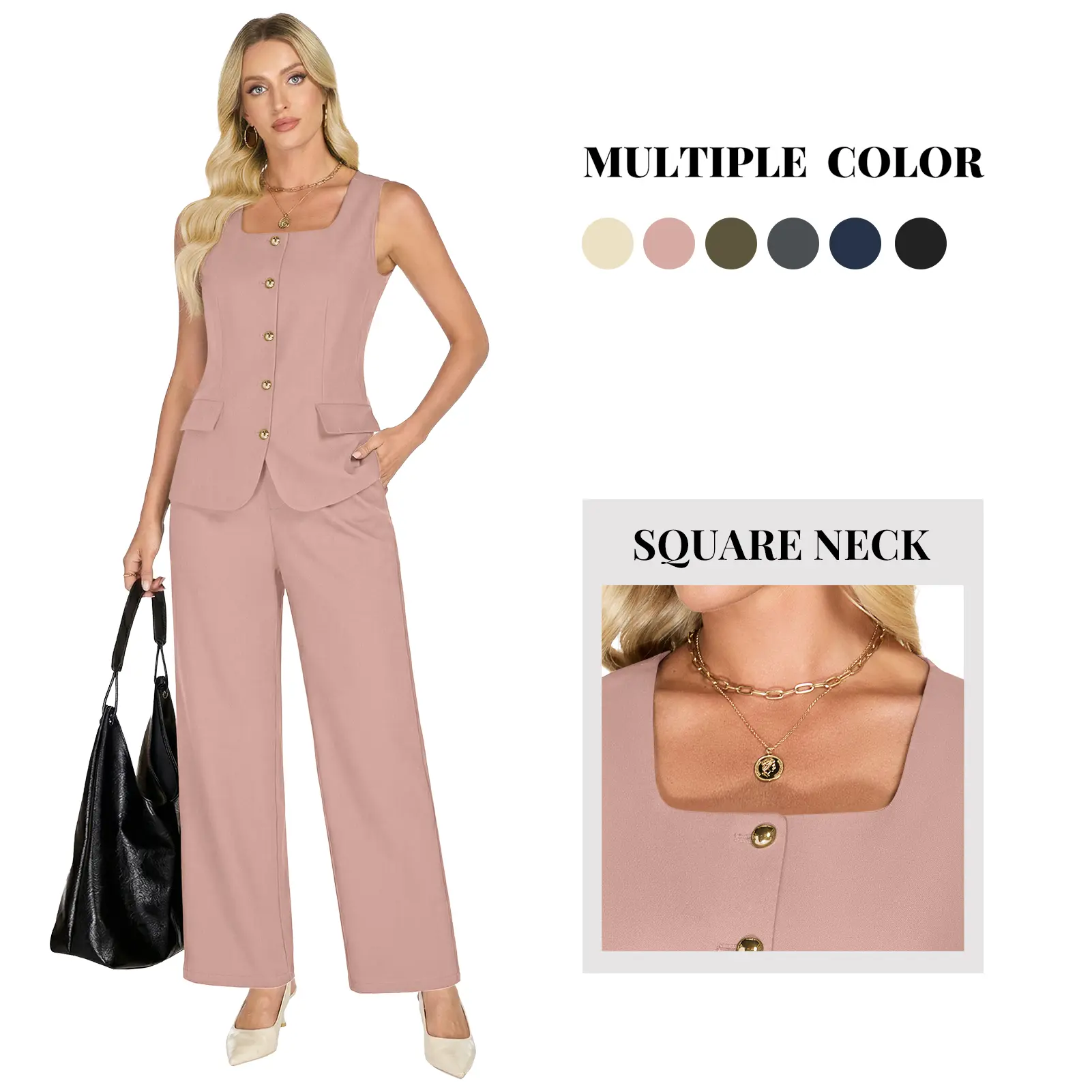Funlingo Lady's 2-Piece Matching Formal Basic Pant Suit - Sleeveless Square Neck Blazer Vest, Soft Comfortable Fabric Wide Leg Pants, 2026 Spring Business Casual Outfits sohochic