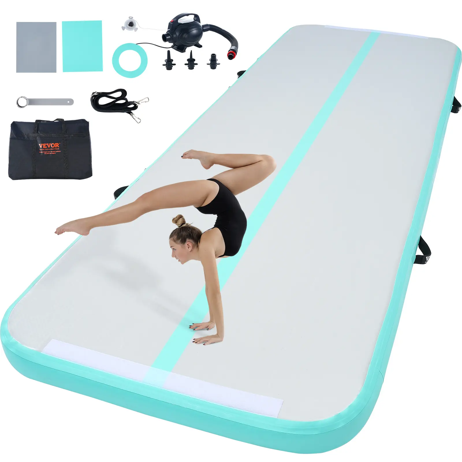 【summerfinds】VEVOR Gymnastics Air Mat, 4 inch Thickness Inflatable Gymnastics Tumbling Mat, Tumble Track with Electric Pump, Training Mats for Home Use/Gym/Yoga/Cheerleading/Beach/Park/Water, 10 ft, Mint Green
