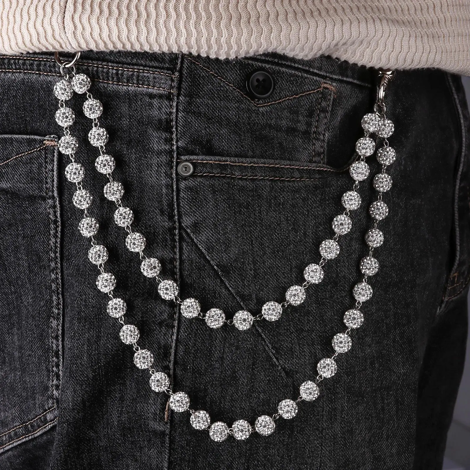 Harajuku Street Rhinestone Fashion Keychain - Wallet Belt Chain for Men, Stylish Keyring, Hip Hop Jeans Jewelry (Keychain Included)