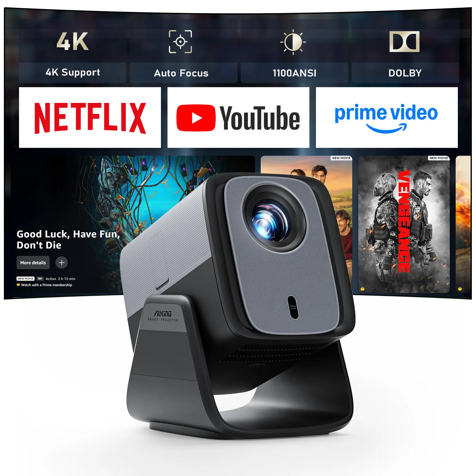 AuKing 1100 ANSI Lumen Portable Projector – Auto Focus & Keystone, Dolby Audio, WiFi 6, Bluetooth 5.0, 50% Zoom, Stream Netflix/YouTube, 2-Year Warranty + 1V1 Support