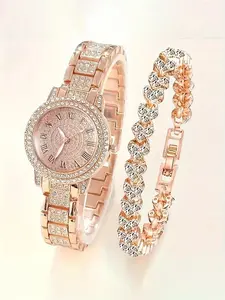 Women's Elegant Rhinestone Decorated Quartz Watch & Bracelet, Exquisite Trendy Wristwatch & Bracelet, Fashionable Jewelry Watch Set As Gift without Box
