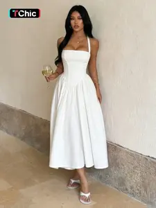 Women's Solid Color Halter Dress, Elegant Fashion Casual Dress for Daily Outdoor Wear, Women's Dress for Summer