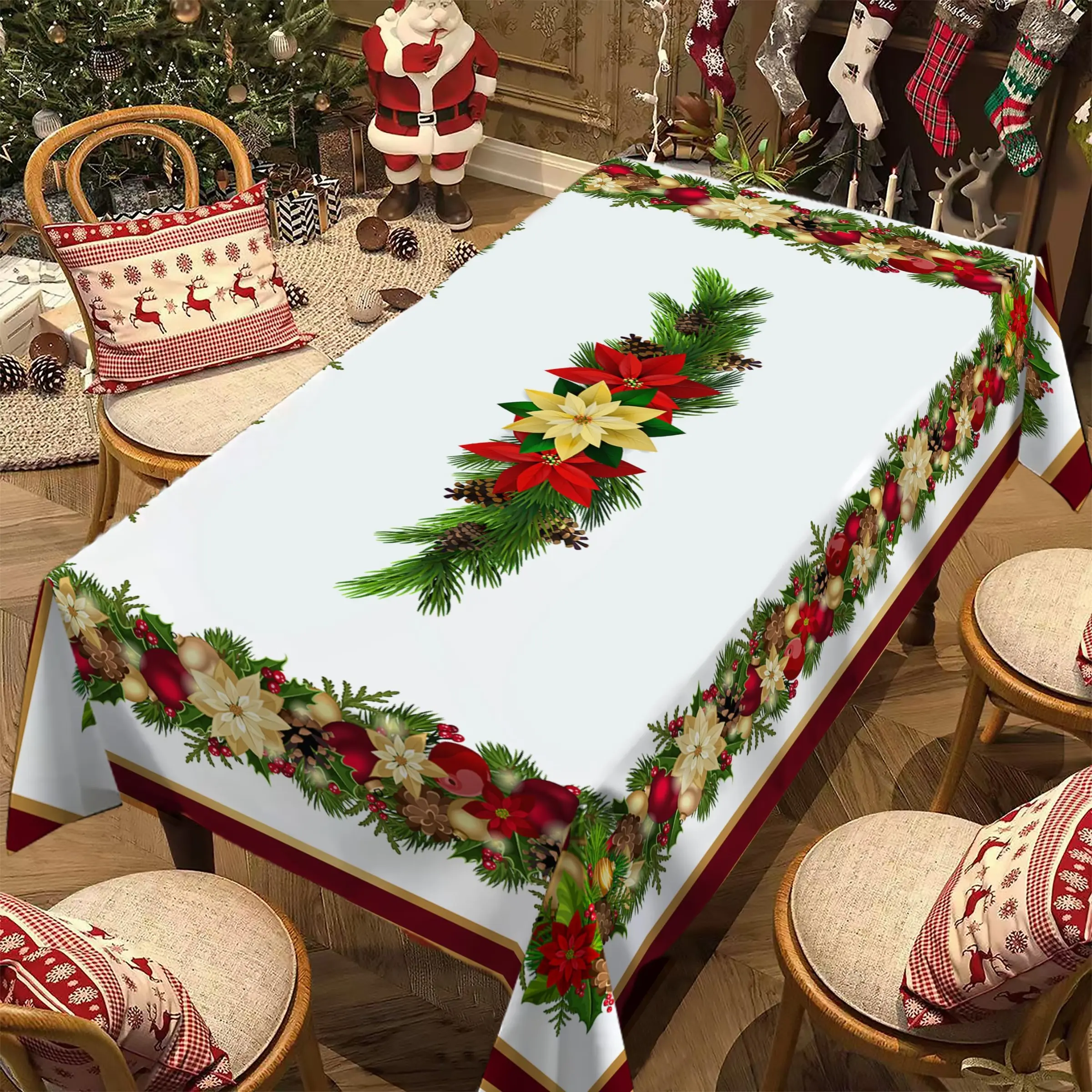 Rectangular Christmas Tablecloth, Poinsettia & Xmas Ball Design, Perfect Holiday Decor for New Year Parties & Dinner Events, Decoration, Dining Table Centerpiece