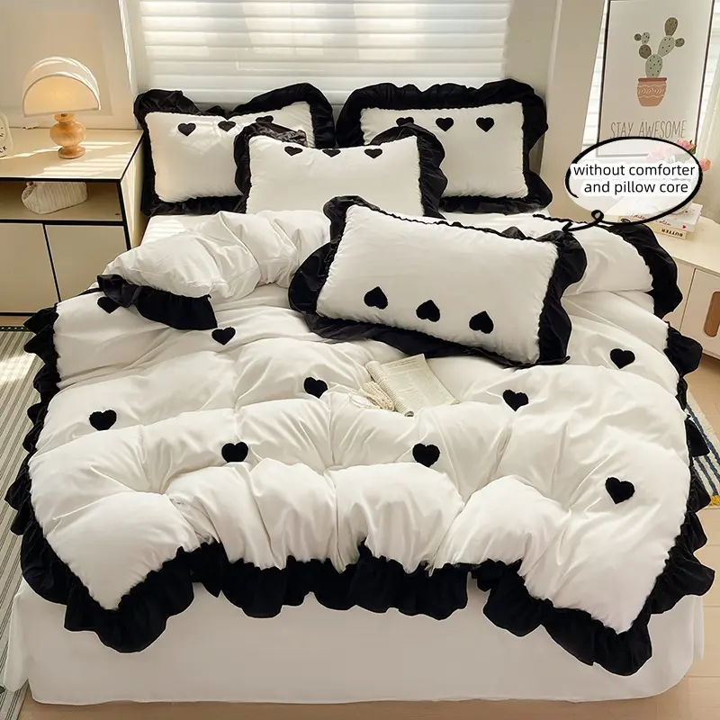 3pcs Embroidered Heart Lace Bedding Set, Includes 1 Lace Duvet Cover and 2 Pillowcases, Zipper Design, Soft Fabric, All-Season Bedding Set, Bedroom Supplies