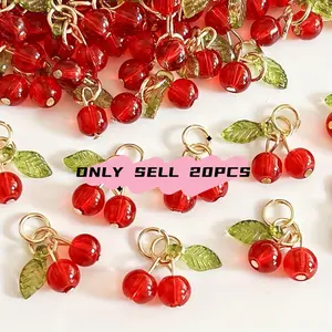 [Pack of 20 Cherry Pendant Jewelry] Pack of 20 cherry pendant fruit jewelry, red glass bead jewelry accessories, suitable for DIY necklaces, earrings, bracelets, mobile phone chains, and crafts.