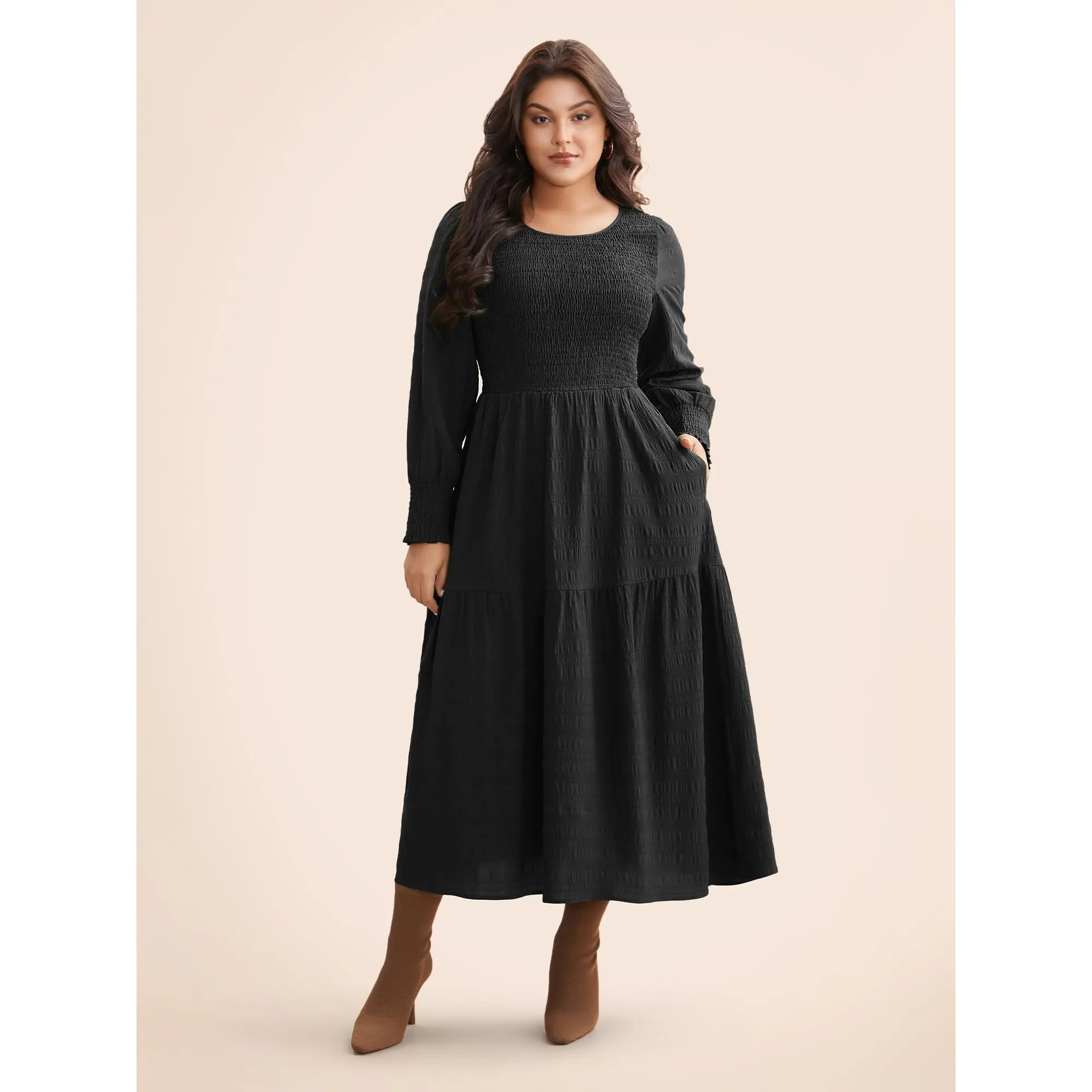 BLOOMCHIC Plus Size Solid Textured Smocked Midi Dress [M–6X],  Polyester, Women, Smooth, Spandex, Minimalist, Basic,Summerfinds