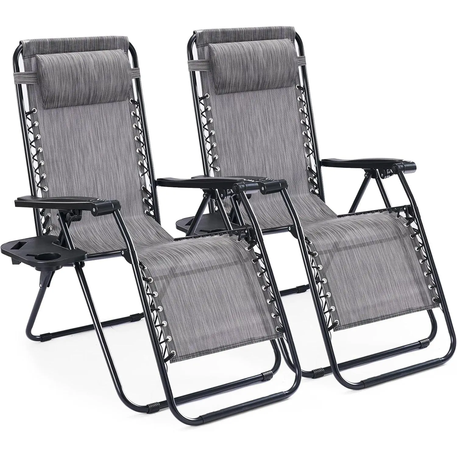 Set of 2 Zero Gravity Camping Chairs, Portable Folding Recliner Lounge Chair with Cup Holder Tray & Adjustable Pillow, Heavy Duty Outdoor Recliner for Beach, Camping, Poolside