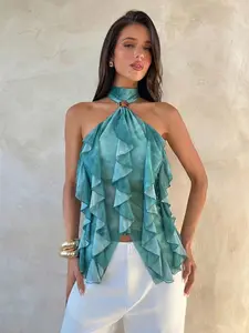 Women's Chic Feminine Minimalist Apricot Halter Tank Top, Fitted, Stand Collar, Multi-Layer Ruffle Trim, Dressy Basic Fabric Top