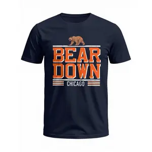 Men'S Chicago Football Team Graphic T-Shirt - Navy Blue Casual Crew-Neck Short Sleeve with "BEAR CHICAGO" Print, 100% Cotton, Loose Fit for Summer Sports & Fan Apparel, Casual Wear | Crewneck Top | Medium Stretch Fabric